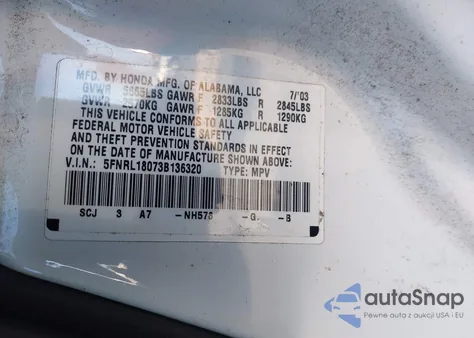 2003 Honda Odyssey Ex-L z USA, uszkodzony, nr VIN 5FNRL18073B136320
